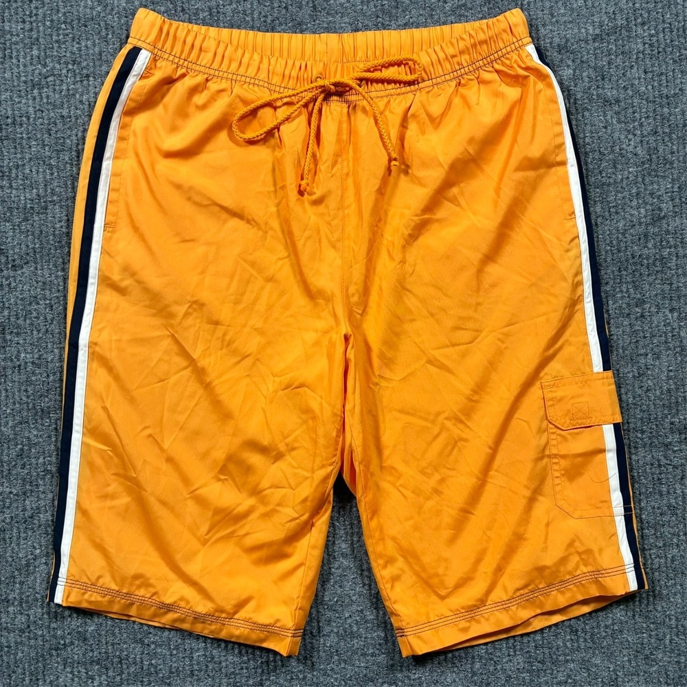 Fu Da Mens Swim Trunks Size L Orange Cargo‎ Board Shorts Mesh Lined Drawstring